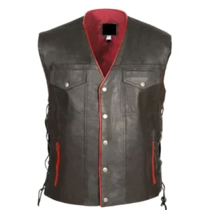 Mens Black Genuine Leather Vest with Red Lining