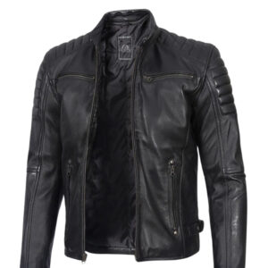 Men’s Black Leather Padded Shoulders with Biker Jacket