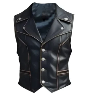 Mens Black Distress Leather Biker Vest