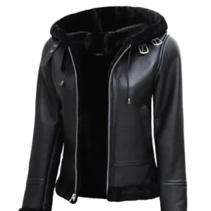 Women’s Black Leather Hooded Shearling Jacket