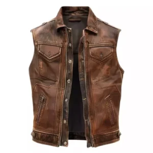 Mens Distressed Brown Real Leather Vest