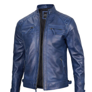 Mens Blue Waxed Cafe Racer Leather Jacket