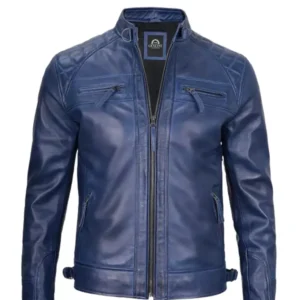 Men Cafe Racer Blue Leather Jacket