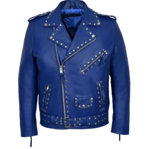 Blue Studded Motorcycle Leather Jacket