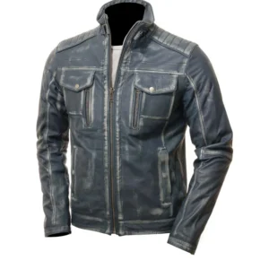 Mens Cafe Racer Blue Waxed Leather Jacket