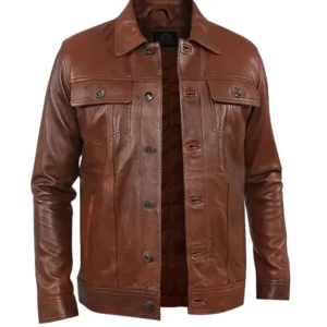 Mens Brown Shiny Stylish Collar Style Leather Jacket
