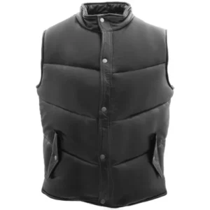 Mens Puffer Black Real Leather Vest