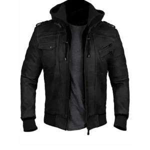 Men Bomber Hood Removable Leather Jacket