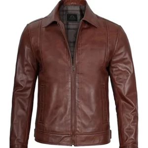 Men Brown Simple Cafe Racer Leather Jacket