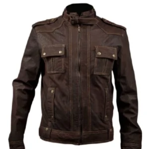 Men Brown Slim Fit Leather Moto Jacket