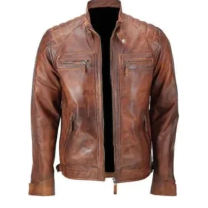 Mens Brown Cafe Racer Distressed Leather Jacket