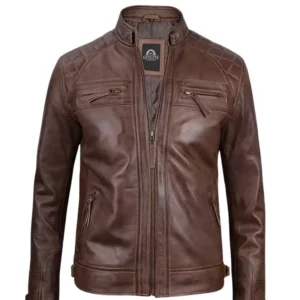 Mens Chocolate Brown Cafe Racer Quilted Leather Jacket
