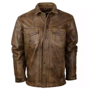 Men Distressed Brown Leather Biker Shirt Jacket