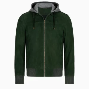 Men Green Hooded Suede Bomber Jacket