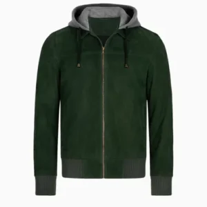 Men Green Hooded Suede Bomber Jacket
