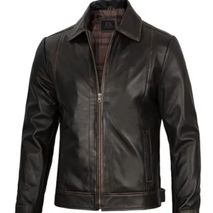 Men Simple Dark Brown Cafe Racer Leather Jacket