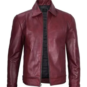 Men Simple Maroon Cafe Racer Leather Jacket - Image 3