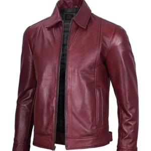 Men Simple Maroon Cafe Racer Leather Jacket - Image 4