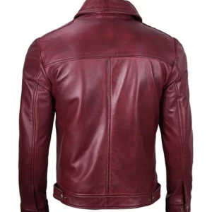Men Simple Maroon Cafe Racer Leather Jacket - Image 5