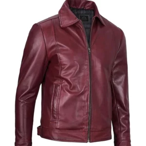 Men Simple Maroon Cafe Racer Leather Jacket - Image 2