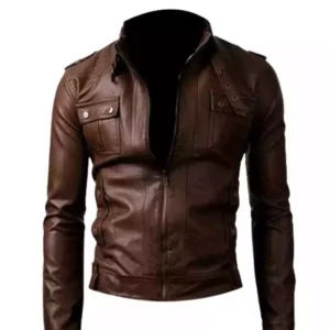 Men Slimfit Brown Strap Pocket Biker Jacket