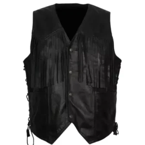 Men Western Cowboy Fringe Black Leather Vest