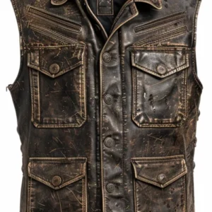 Men Strap Pockets Distressed Brown Leather Vest