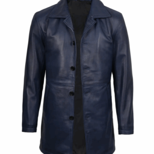Mens 3/4 Length Blue Waxed Leather Car Coat