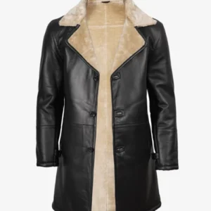 Men’s Black 3/4 Length Shearling Leather Coat