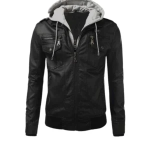 Mens Black Leather Hooded Jacket