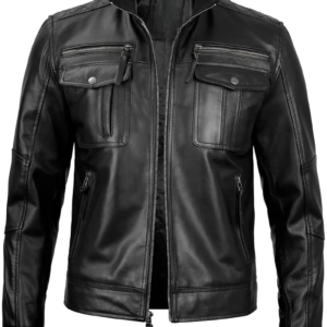 Mens Black Leather Style Cafe Racer Jacket