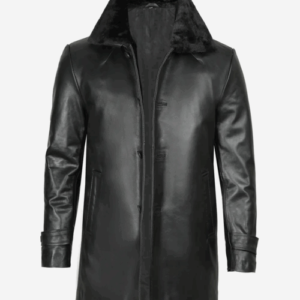 Men’s Black Real Leather Coat With Fur Collar