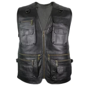 Men’s Black V-Neck Hunting Leather Vest