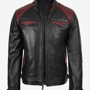 Men’s Black and Maroon Biker Style Leather Jacket