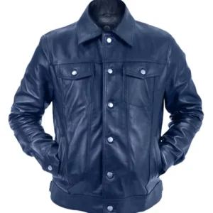 Mens Blue Genuine Leather Trucker Jacket