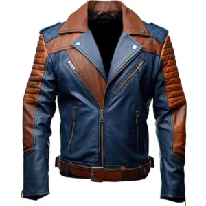 Mens Blue and Brown Leather Jacket