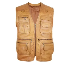 Mens Brown V-Neck Hunting Leather Vest