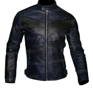 Mens Cafe Racer Navy Blue Biker Leather Jacket