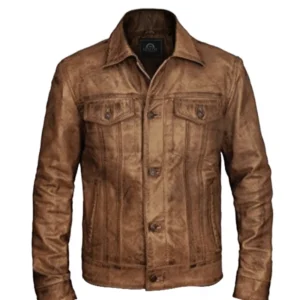 Men Distressed Leather Trucker Vintage Jacket