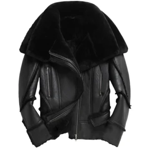 Mens Double Collar Sheepskin Biker Jacket