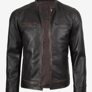 Men’s Rub-off Dark Brown Cafe Racer Leather Jacket