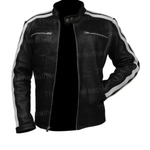 Mens White Striped Black Cafe Racer Leather Jacket