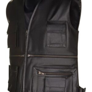 Mens Multi-Pocket Black Leather Vest for Biker