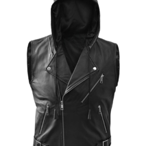 Mens Black Hooded Leather Vest