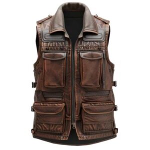 Men’s Distressed Brown Military Style Leather Vest