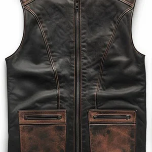 Men’s Brown Black Distressed Motorcycle Leather Vest